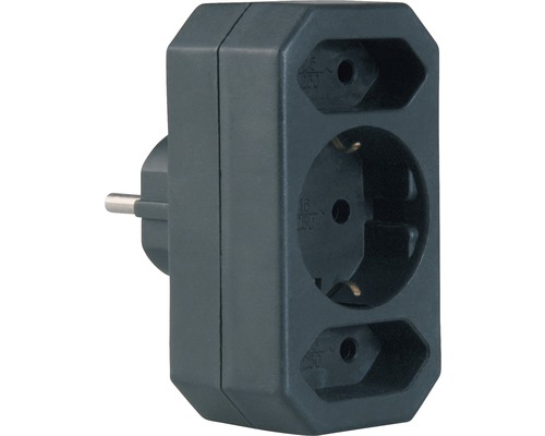 Drievoudige veiligheids-euroadapter (2x euro-stopcontacten en 1x veiligheidsstopcontact), zwart