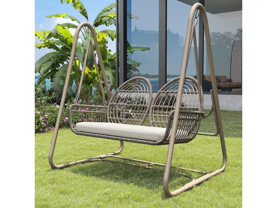 Chaise de balançoire jardin rotin PE 2 sièges dossier marron clair coussins ensemble de mobilier de jardin pour l'extérieur beiges