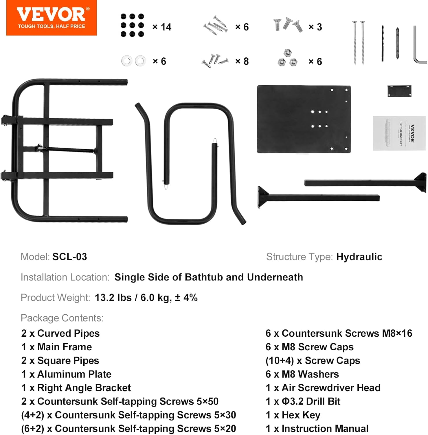 VEVOR Whirlpool-Abdeckungslift, Spa-Abdeckungslift, Hydraulisch, 84-105 cm (H),135-235 cm (B), Verstellbar, an Einer Seite Unten Installiert, für Verschiedene Größen von Whirlpools