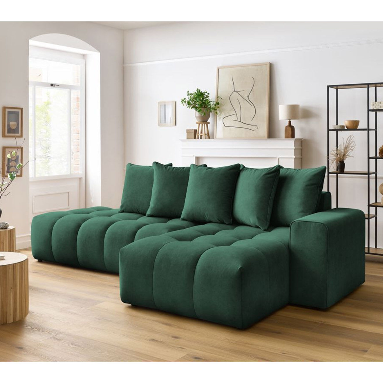 Bobochic Canapé d'angle fixe mont-blanc velours angle droit vert - 313x176x97 cm