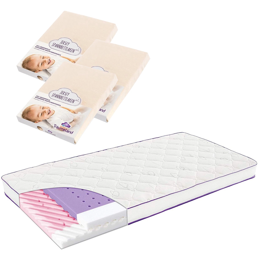 Träumeland Matratze Polarstern 60 x 120 cm + Jersey Spannbettlaken 3er-Pack beige