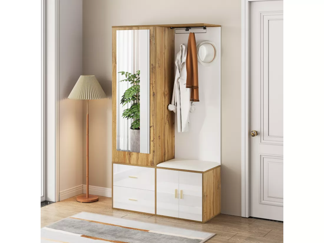 Armoir 100x38x108.1cm - Avec miroir - Avec meuble à chaussures - Avec crochets et cintres rétractables - Blanc + Naturel