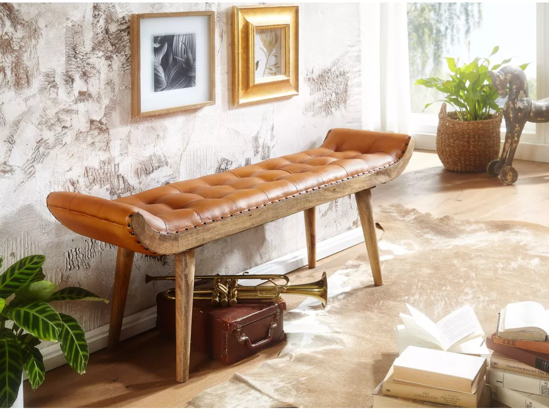 banc d'entrée Chesterfield banc rembourré en cuir véritable banc 125x50x38 cm