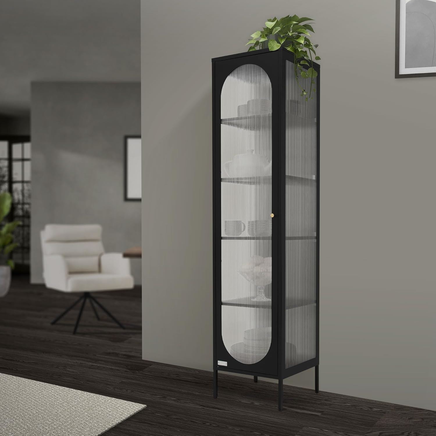 ML-Design Vitrinenschrank 42x175x40 cm, Schwarz, Schmale Vitrine mit 5 Ablagen und 1 Tür, Wohnzimmer Metallschrank aus Stahl, Industrieller Stil, Hochschrank Bücherschrank Aktenschrank Büroschrank