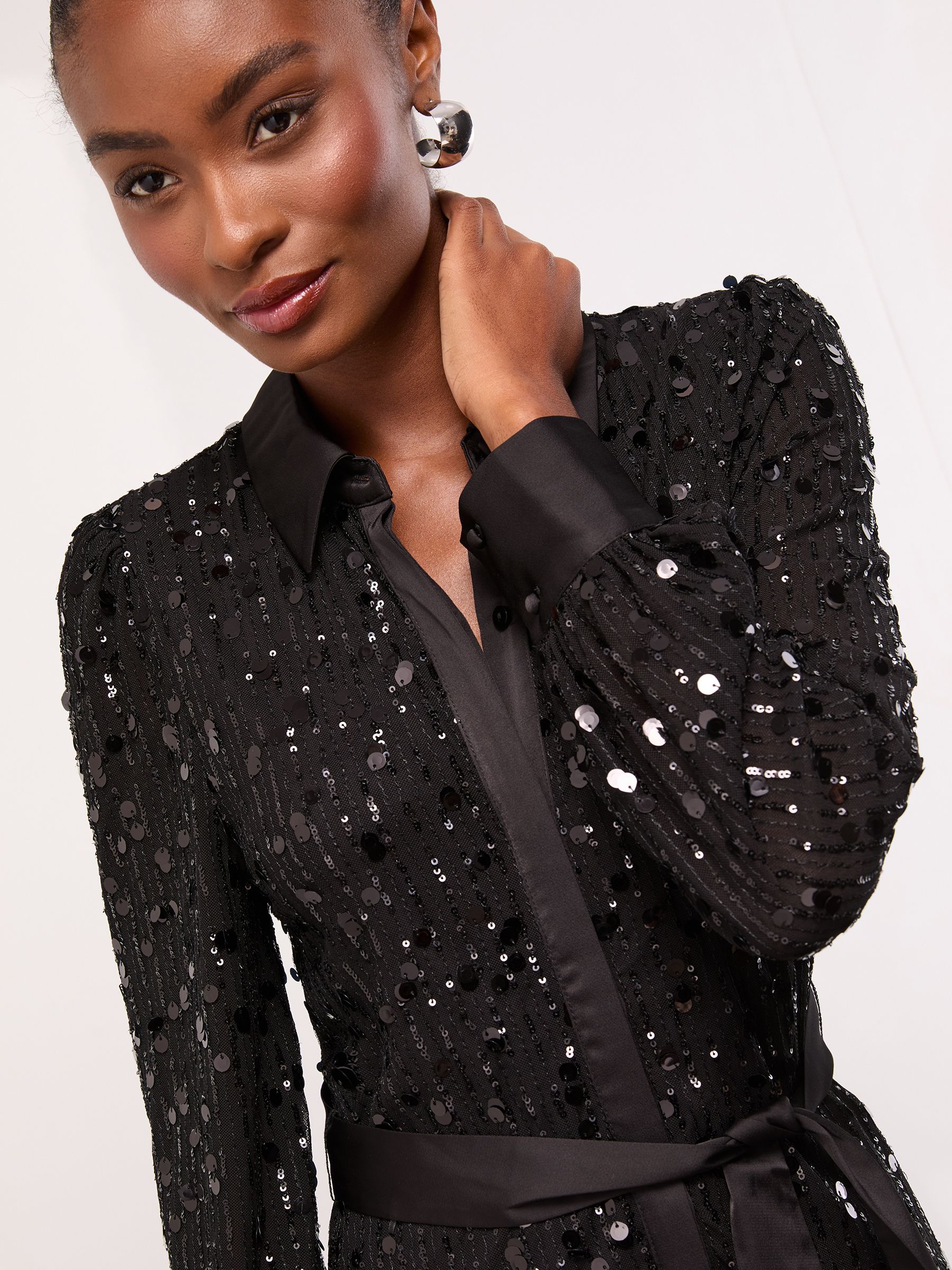 Lipsy Sequin Long Sleeve Belted Shirt Dress
