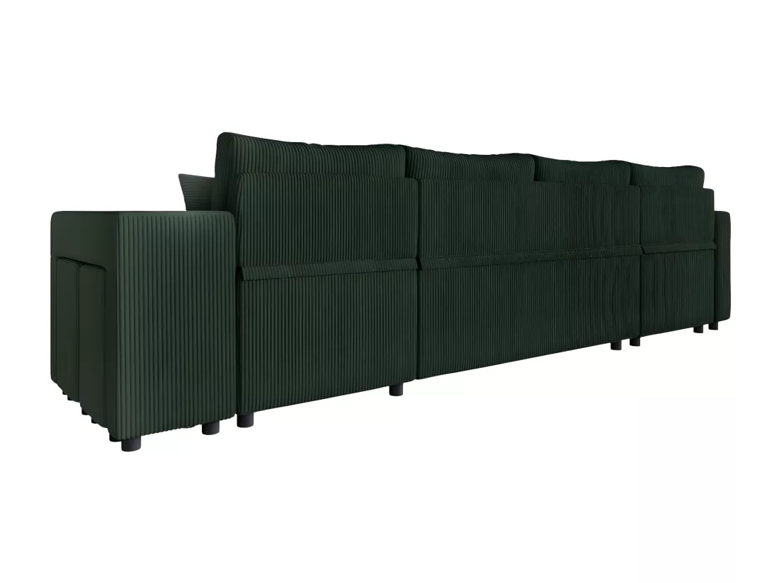 Canapé panoramique Oslo convertible avec 2 coffres, 2 poufs à droite en velours côtelé vert foncé - L311 x P146 x H81cm - Loungitude