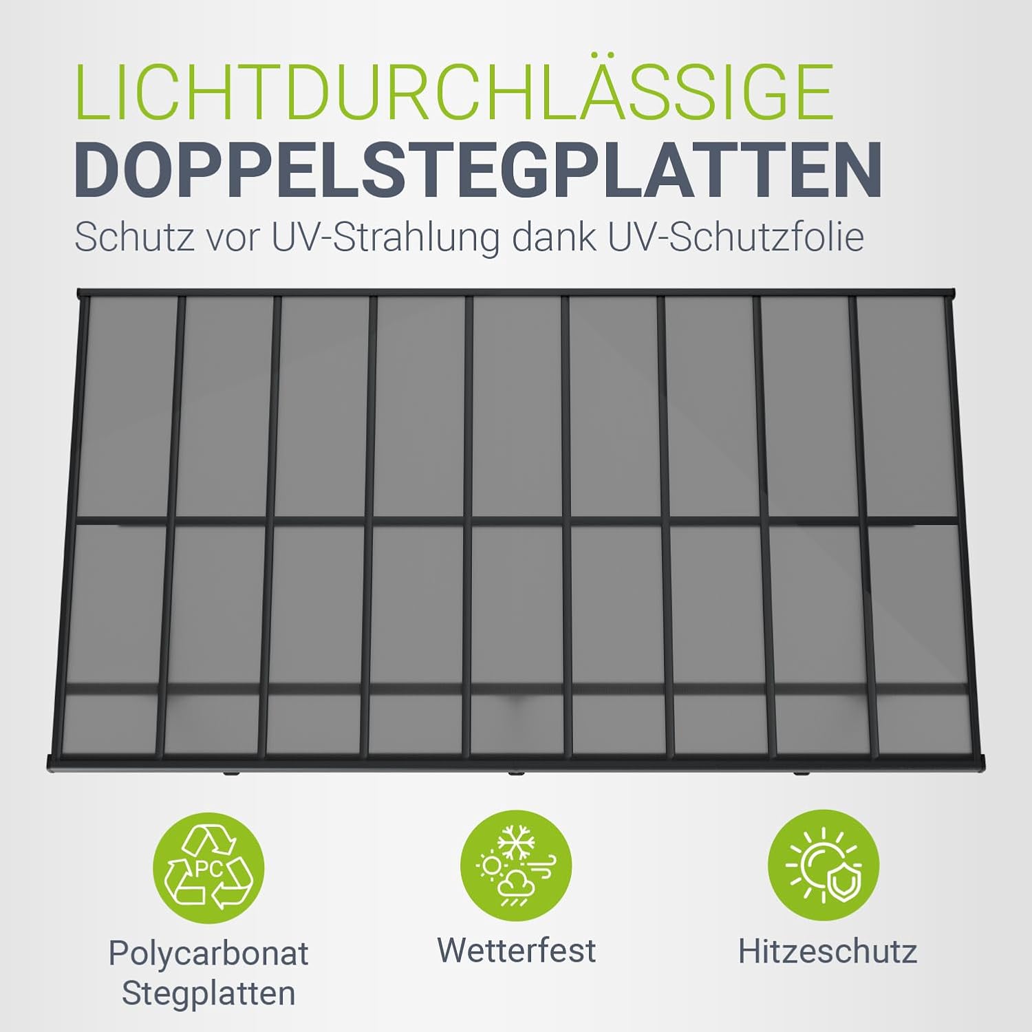 Juskys Terrassenüberdachung Borneo 5,5 x 3 m — Sonnenschutz aus Aluminium mit grauen Doppelstegplatten — Terrassendach zur Wandmontage in Dunkelgrau