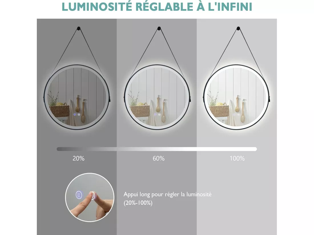 Miroir Anti-Buée Salle de Bain de 60 cm avec Sangle en Cuir, Miroir Anti-Eau Rond LED, Fonction Anti-Buée et Mémoire, Dimmable, 3 Couleurs