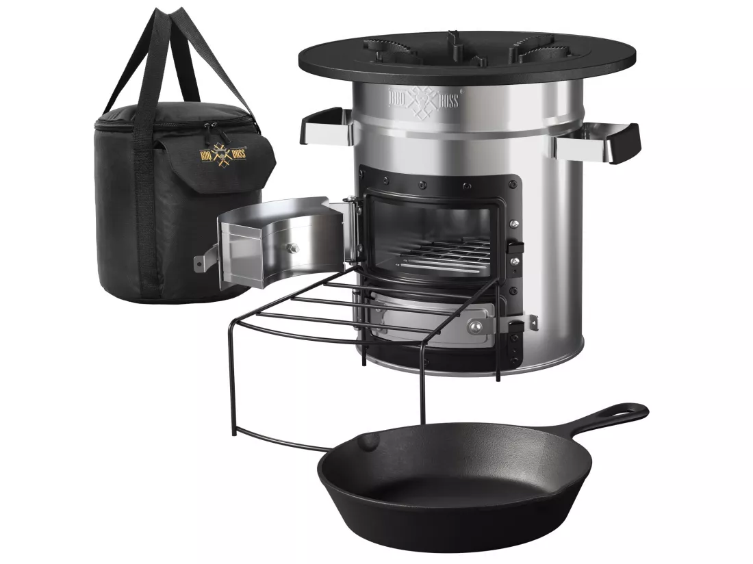 Four à fusée BBQ avec poêle grill en acier inoxydable argent + sac de transport