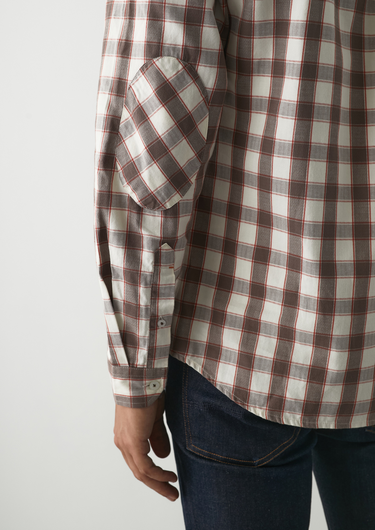 Chemise sport Slim en popeline de coton marron glacé à carreaux écrus