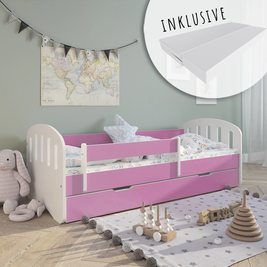 Kids Collective Kinderbett 80x160 | 80x180 mit Matratze, Rausfallschutz & Lattenrost pink mit Schublade