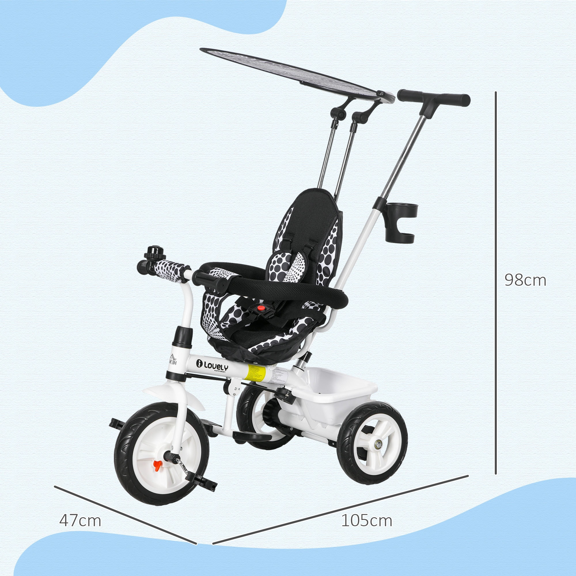 HOMCOM Kinderdreirad mit Dach weiß 105L x 47B x 98H cm