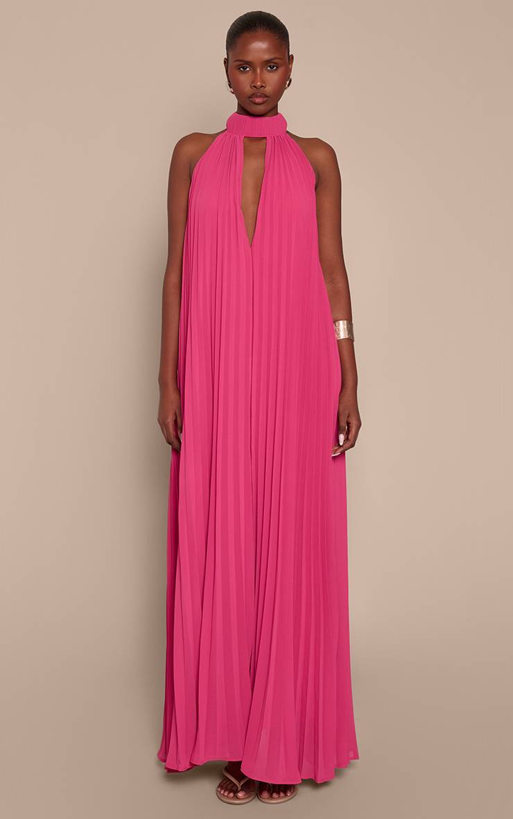 Rose Vif Robe Longue Plissée À Col Montant