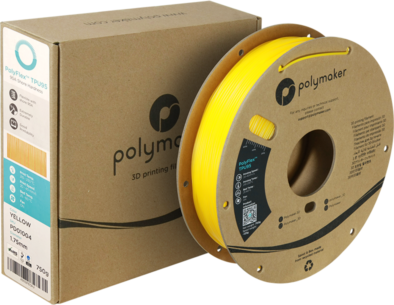 Polymaker  PolyFlex TPU95 Gelb, 1,75 mm (750 g)    Gelbes flexibles Filament einfach zu verarbeiten