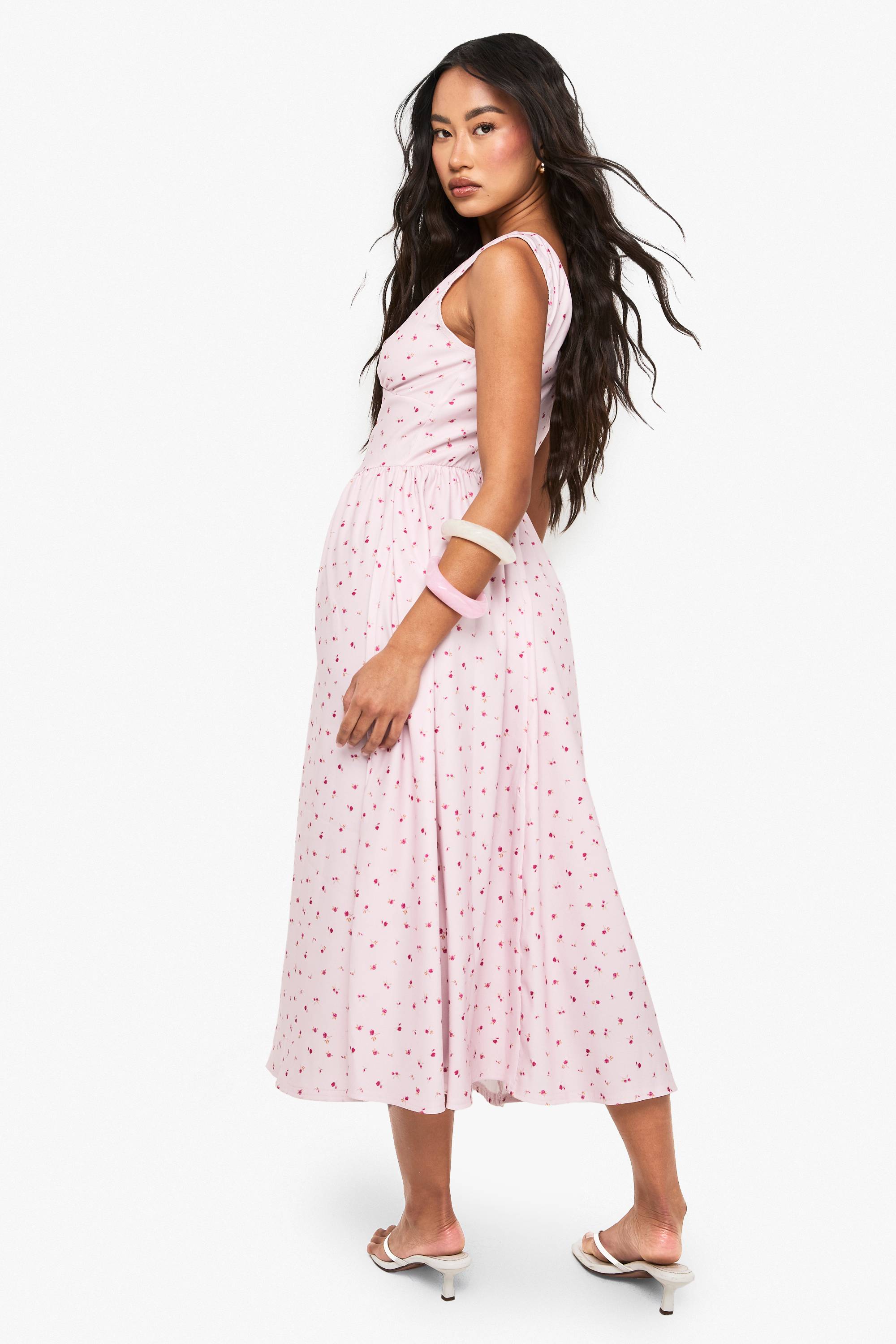 boohoo Ditsy Floral Tie Front Milkmaid Midaxi Dress