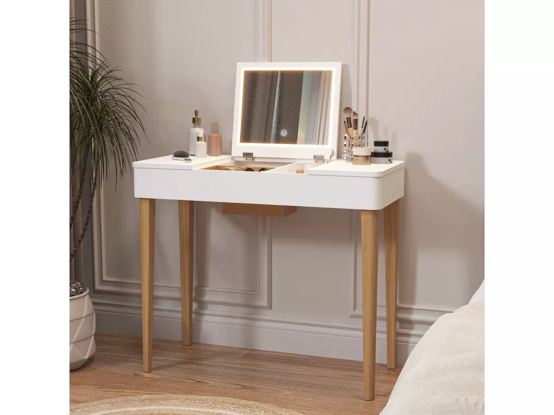 Coiffeuse, coiffeuse, coiffeuse avec miroir, coiffeuse avec lampe, coiffeuse en un, laquée, blanche