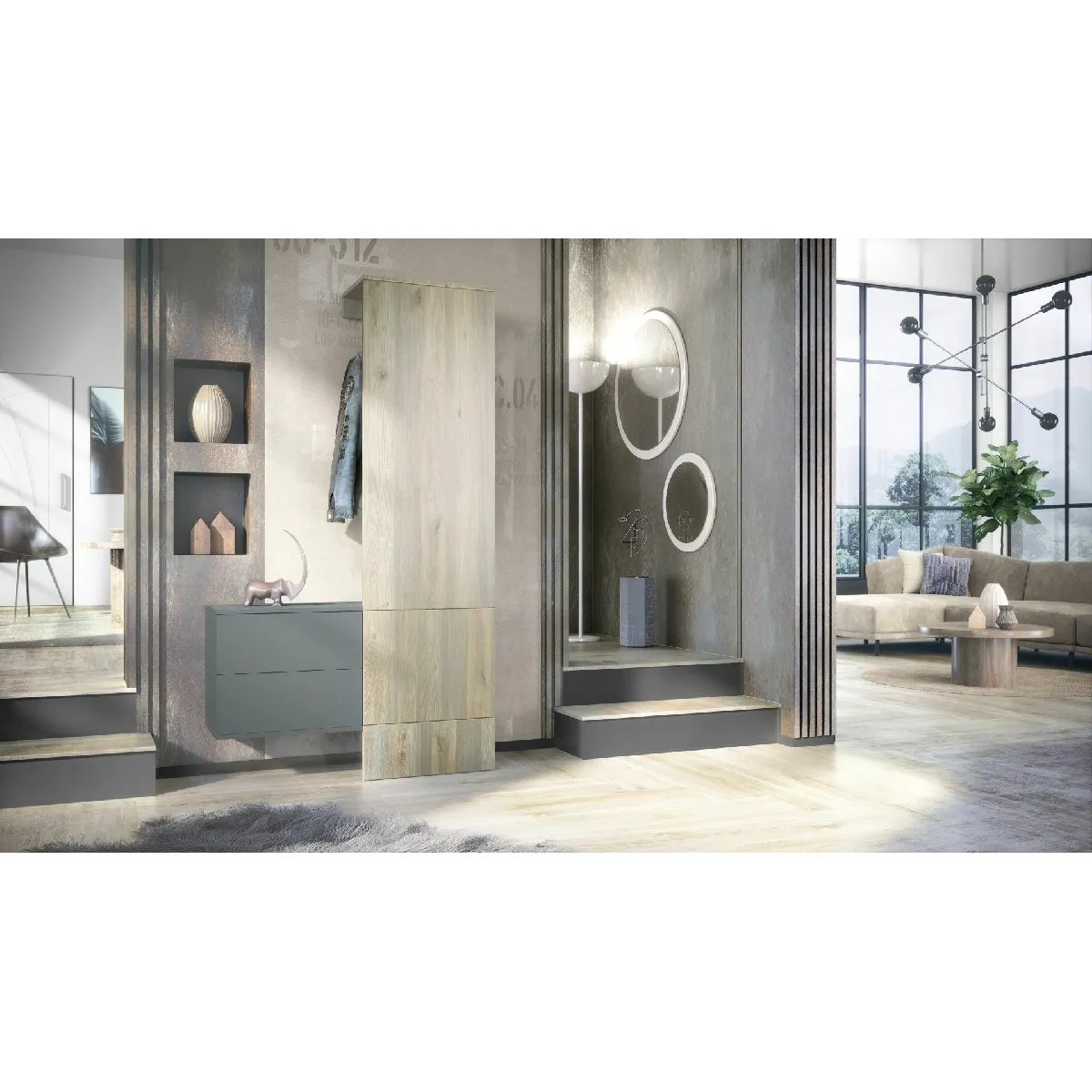 MPC Vestiaire - Gris et aspect chêne nordique - 105 x 193 x 35 cm