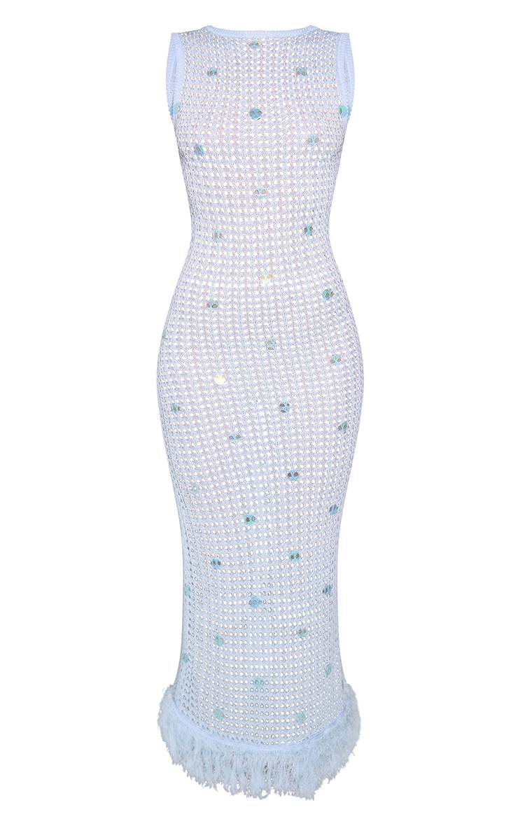 Bleu Robe Maxi Moulante En Maille À Sequins Avec Ourlet À Franges