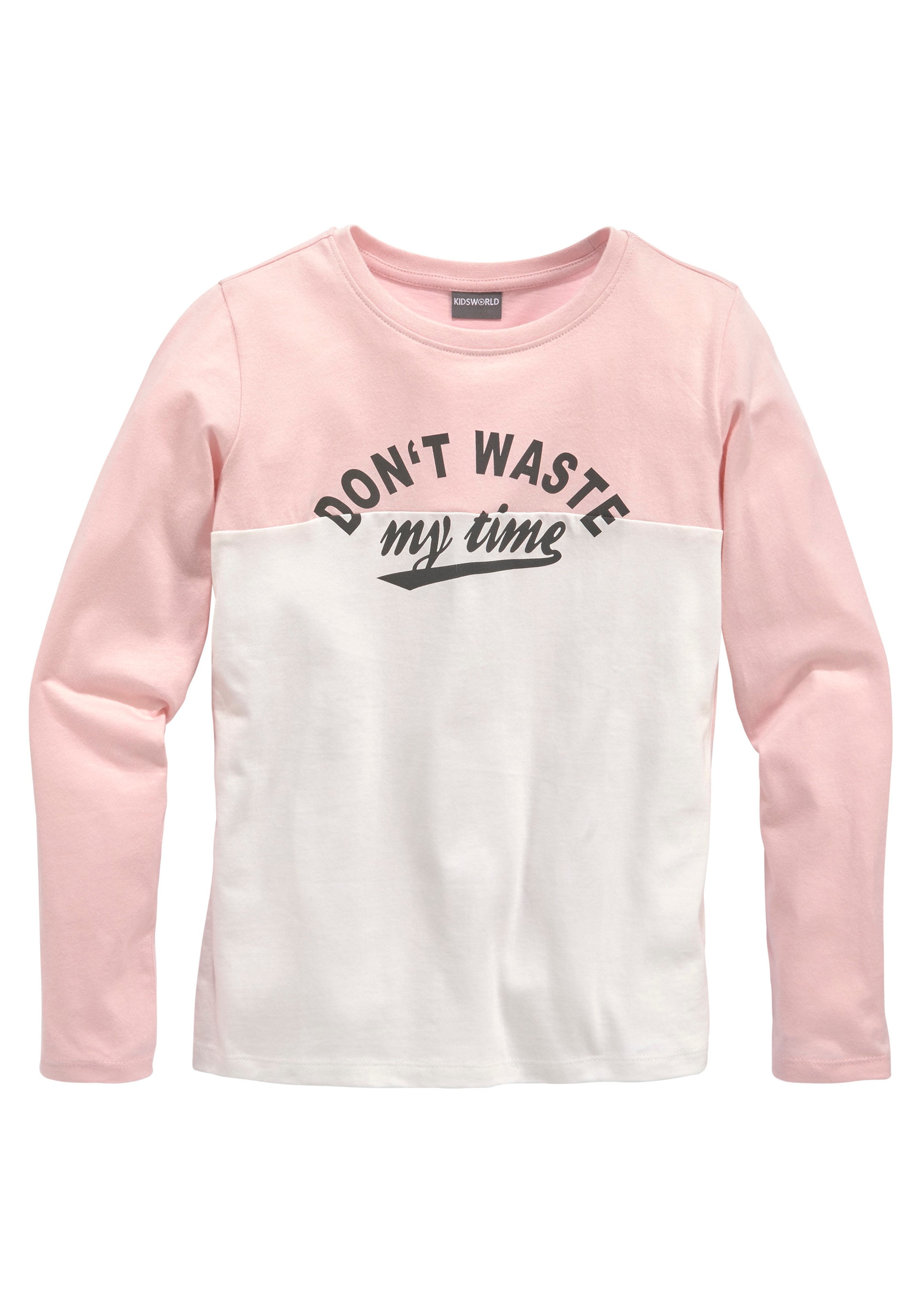 KIDSWORLD Langarmshirt »Mit Sprüche-Druck: Don´t waste my time«, Langarm,  Basic-Passform,  Colourblocking-Optik,  Rundhalsausschnitt