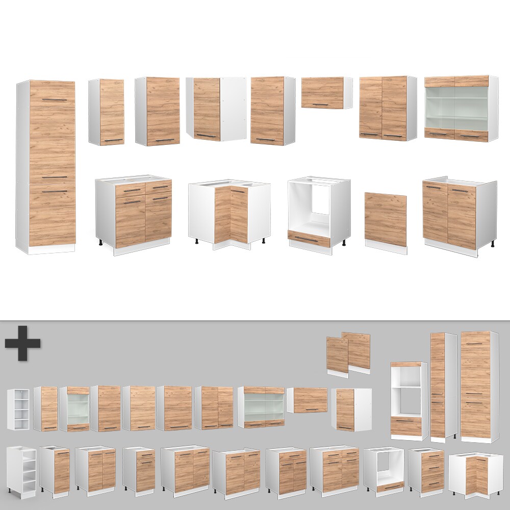 Vicco Eckküche Küchenzeile Einbauküche Fame-Line Weiß Eiche 227x287 cm modern Spülenunterschrank Schubunterschrank Eckunterschrank Herdumbauschrank Hängeschrank Kühlumbauschrank Hängeglasschrank