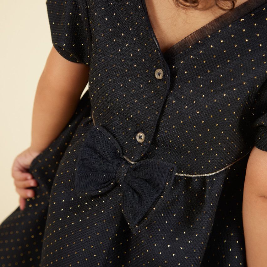 Ensemble robe de fête en jacquard + bandeau pour bébé fille - Bleu marine