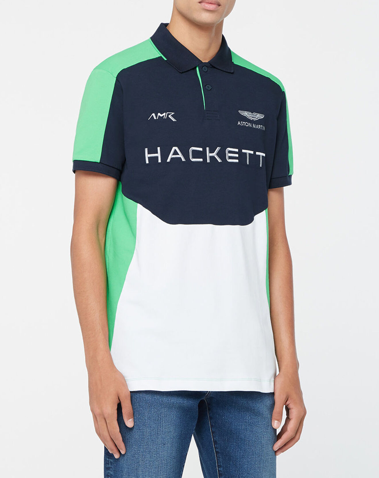 Hackett London Polo Droit Multi Patch Aston Martin Racing bleu/blanc/vert fluo