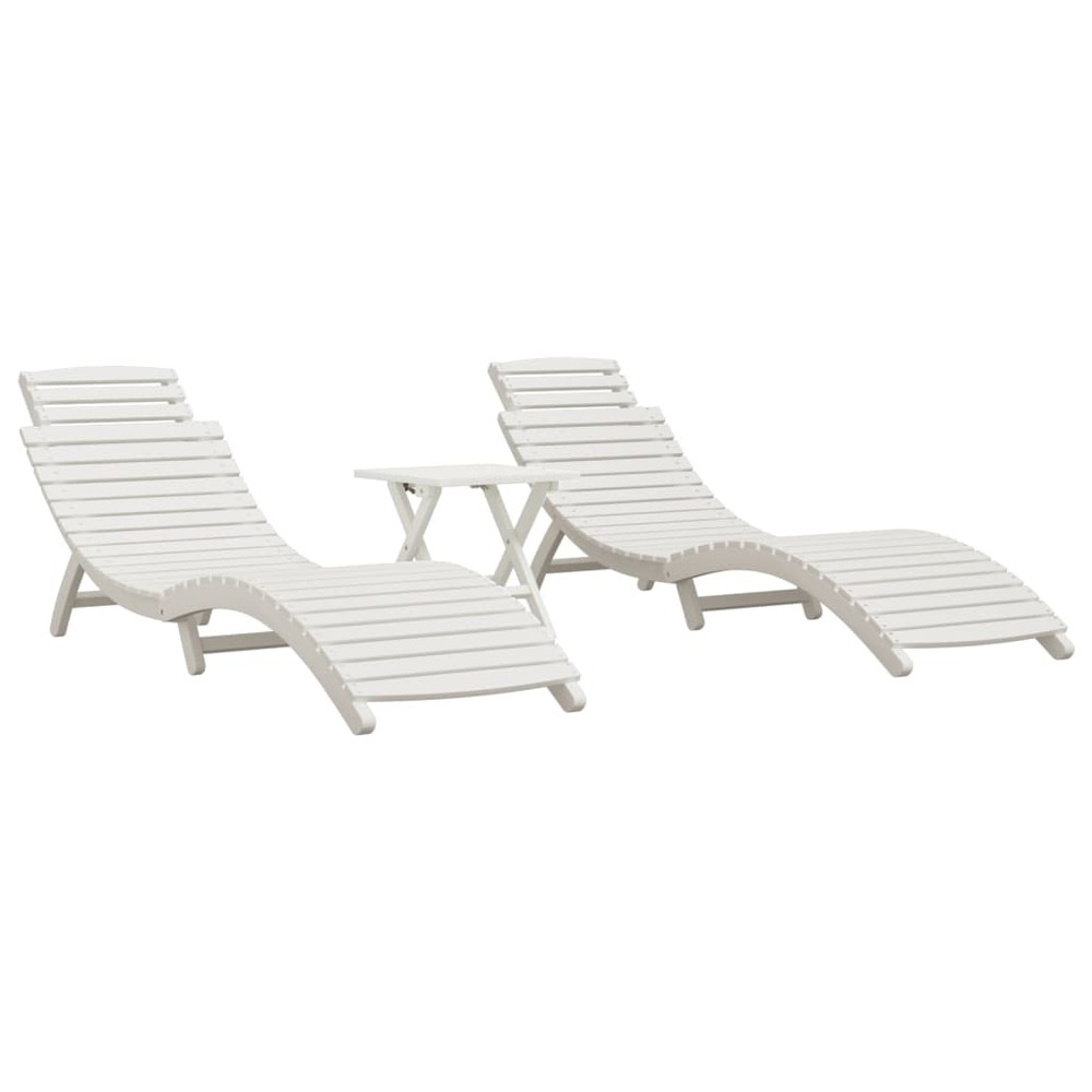 Lot de 2 transats chaise longue bain de soleil lit de jardin terrasse meuble d'extérieur avec table blanc bois massif d'acaci