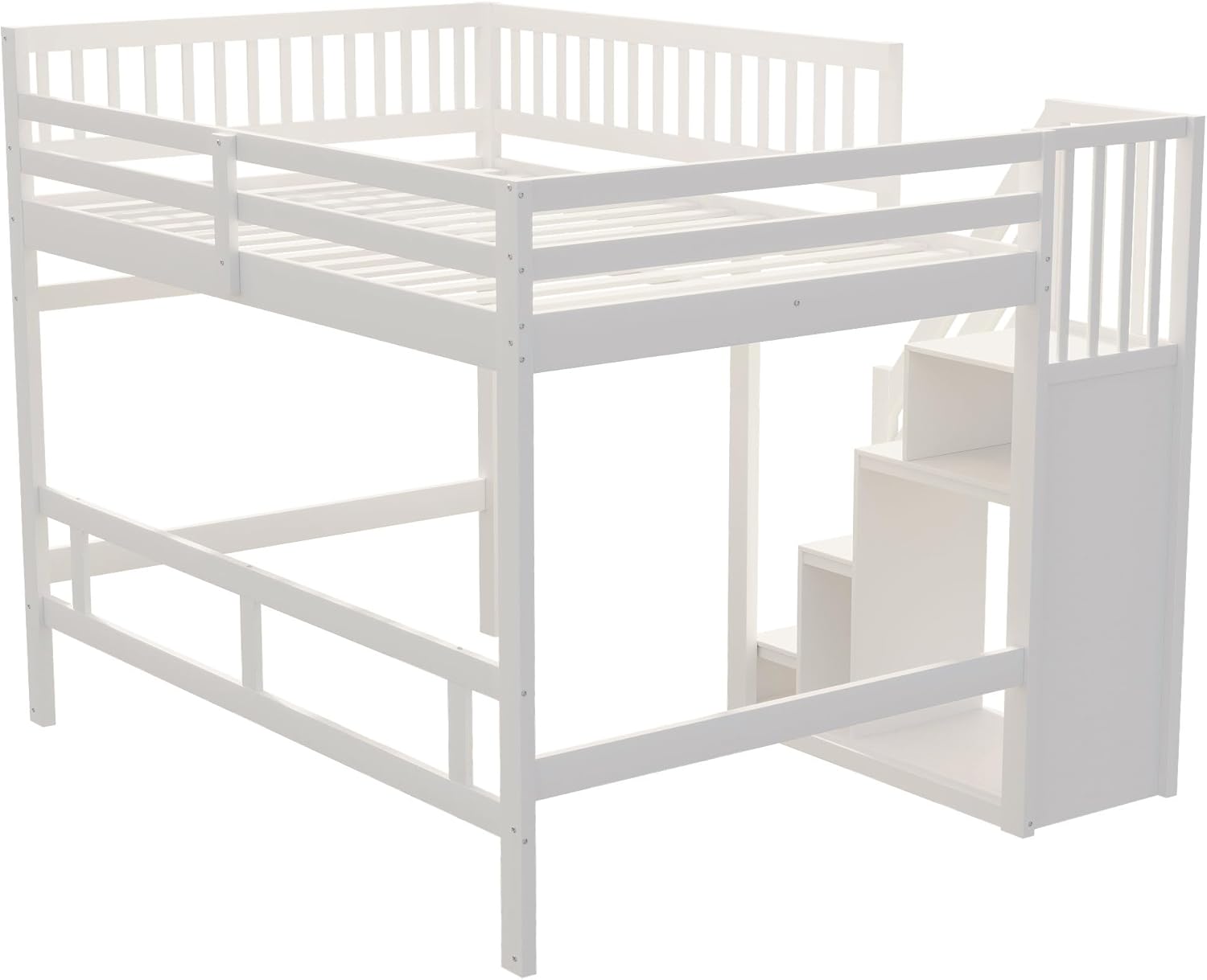 Kinderbett Etagenbett 140x200 cm, Hochbett mit Treppe und Stauschrank, Multifunktionsbett Doppelbett Stockbett Spielbett Kinderhochbett Jugendhochbett mit Lattenrost, Massivholz, Ohne Matratze, Weiß