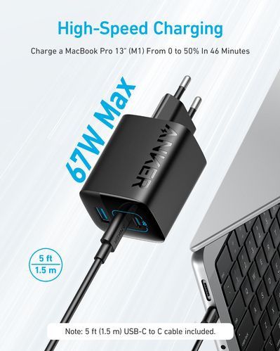Anker 336 Fast Charger - 67W - 3-Poorts USB-A en USB-C Adapter - Zwart