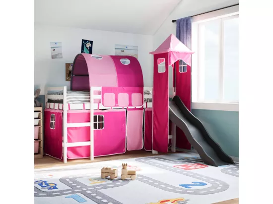Lit mezzanine enfants avec tour rose 80x200cm bois pin massif