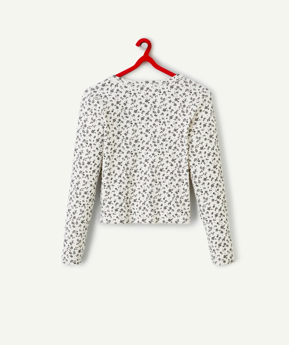 T-SHIRT MANCHES LONGUES FILLE EN COTON BIO ÉCRU BOUTONNÉ AVEC IMPRIMÉ FLEURI