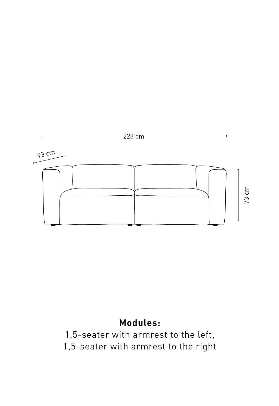 Modulsofa 2 deler m/armlene grå - 220x93x73 cm
