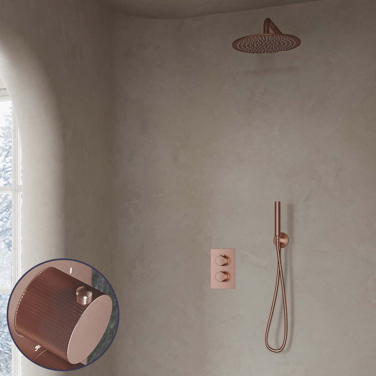 Saniclear Copper Stripes inbouw regendouche met 20cm hoofddouche en muurarm geborsteld koper