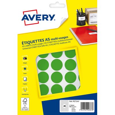 Avery - Etui A5 - 400 Pastilles adhésives - vert - diamètre 24 mm