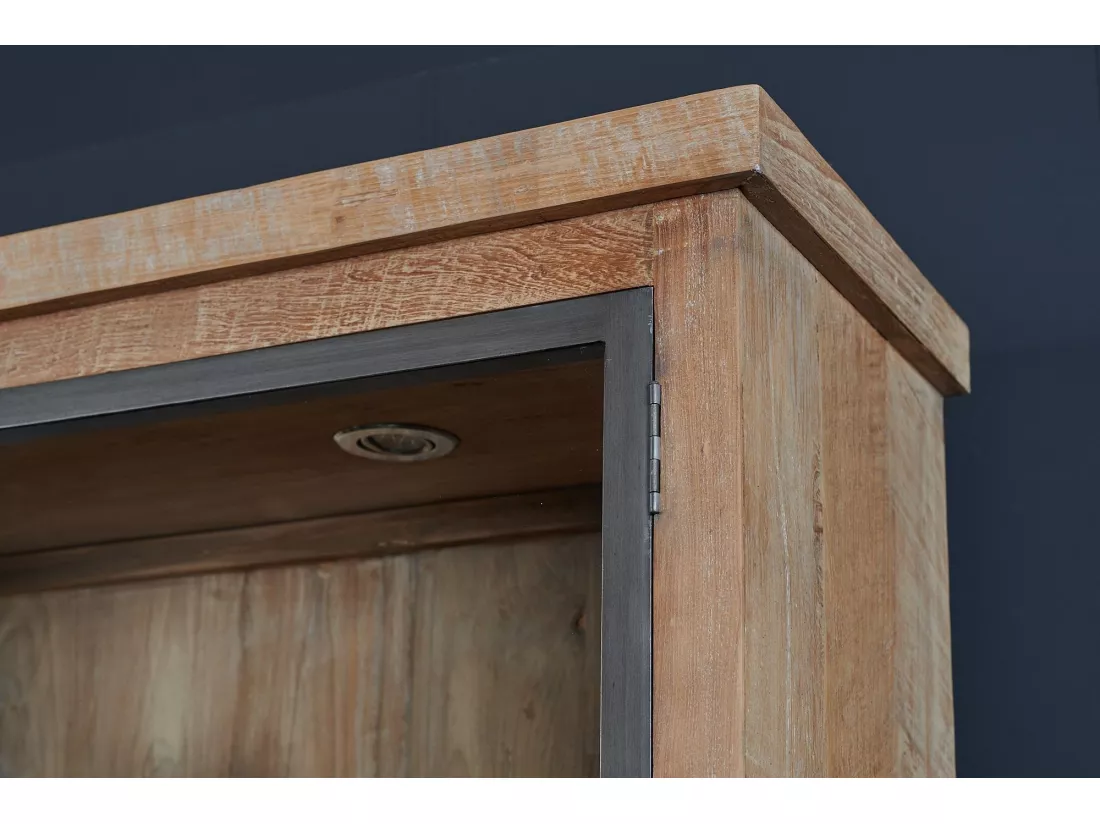 Buffet vaisselier en bois recyclé et métal 4 portes éclairage LED - LINAS