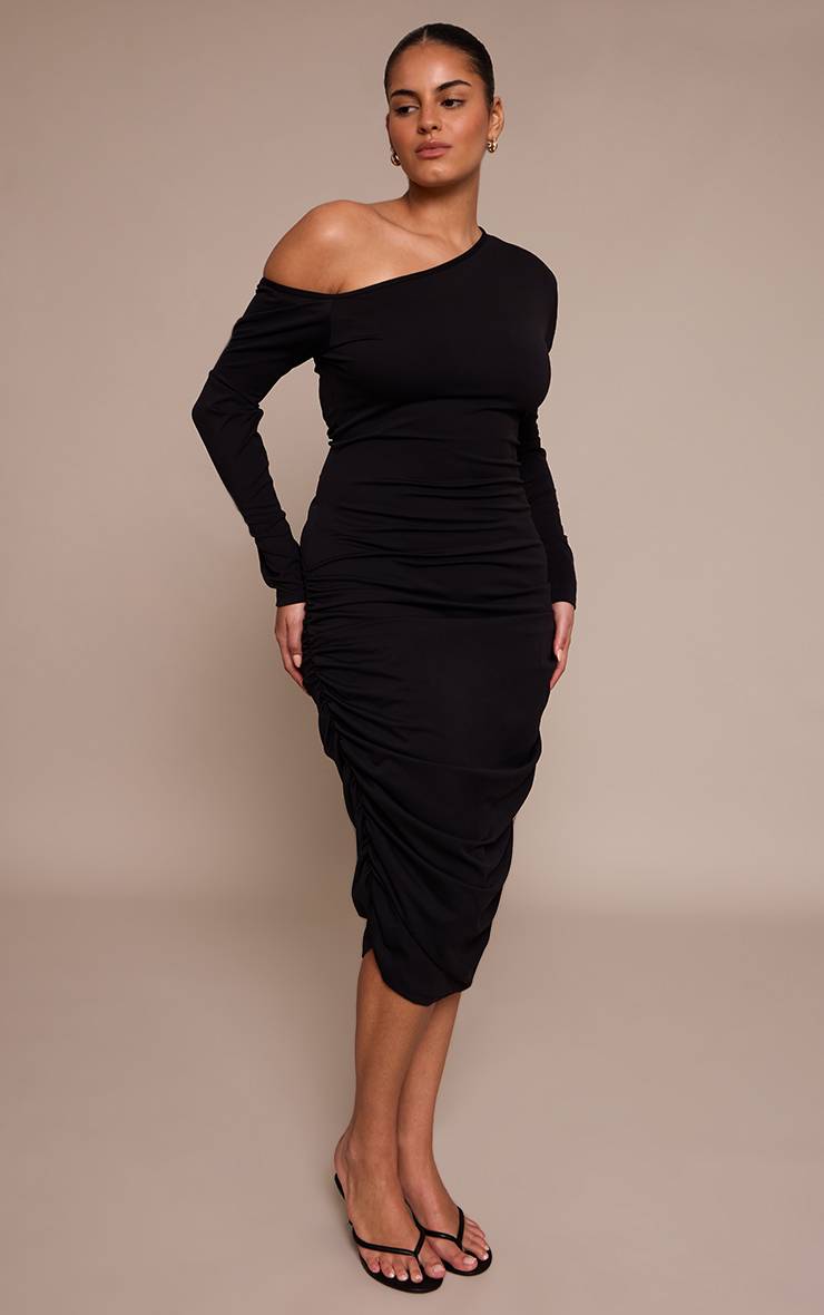 Noir Robe Mi-longue Grande Taille Sculptante À Épaule Dénudée Et Fronces