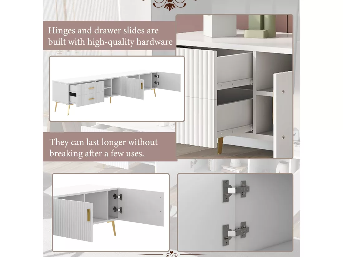 Meuble TV avec 2 portes, 2 tiroirs et 2 niches - MDF - pièds métallique - blanc