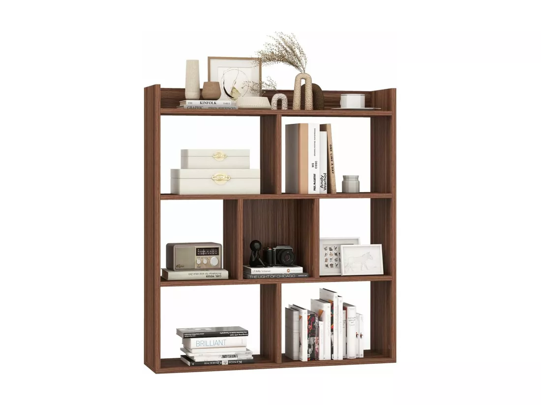Bibliothèque étagère 7 compartiments ouverte, meuble à 4 niveaux, 20 x 80 x 90 cm (noyer)
