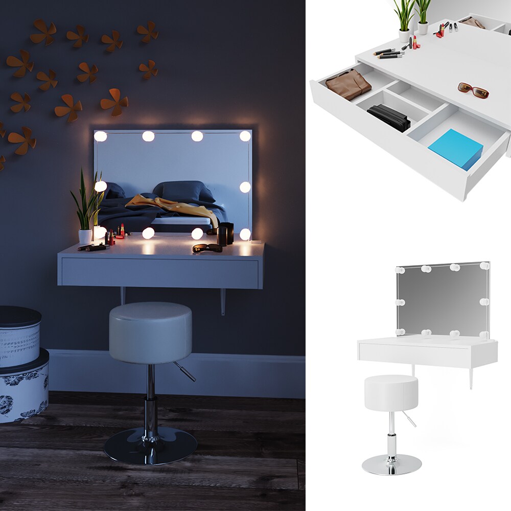 Vicco Schminktisch Alessia Frisiertisch Kommode Frisierkommode Spiegel Weiß inklusive Hocker und LED-Lichterkette