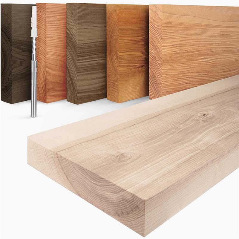 LAMO Manufaktur Schweberegal Holz mit unsichtbarer Befestigung | Wandregal 140 cm breit für Wohnzimmer, Home Office | Farbe: Roh, Kante: gerade | Massivholz, modernes Design, Schwebende Optik