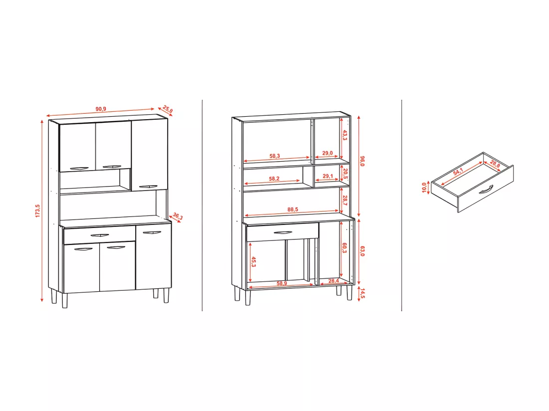 Buffet de Cuisine 6 Portes 1 Tiroir Chêne Taupe 7 Niches L 90.9 x173.5 x36.3 cm