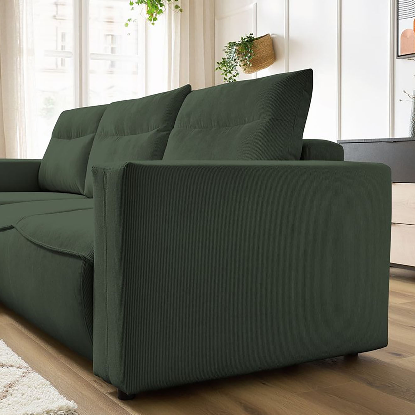 Bobochic Canapé d'angle gauche convertible coffre jasmin velours côtelé vert - 256x158x90 cm