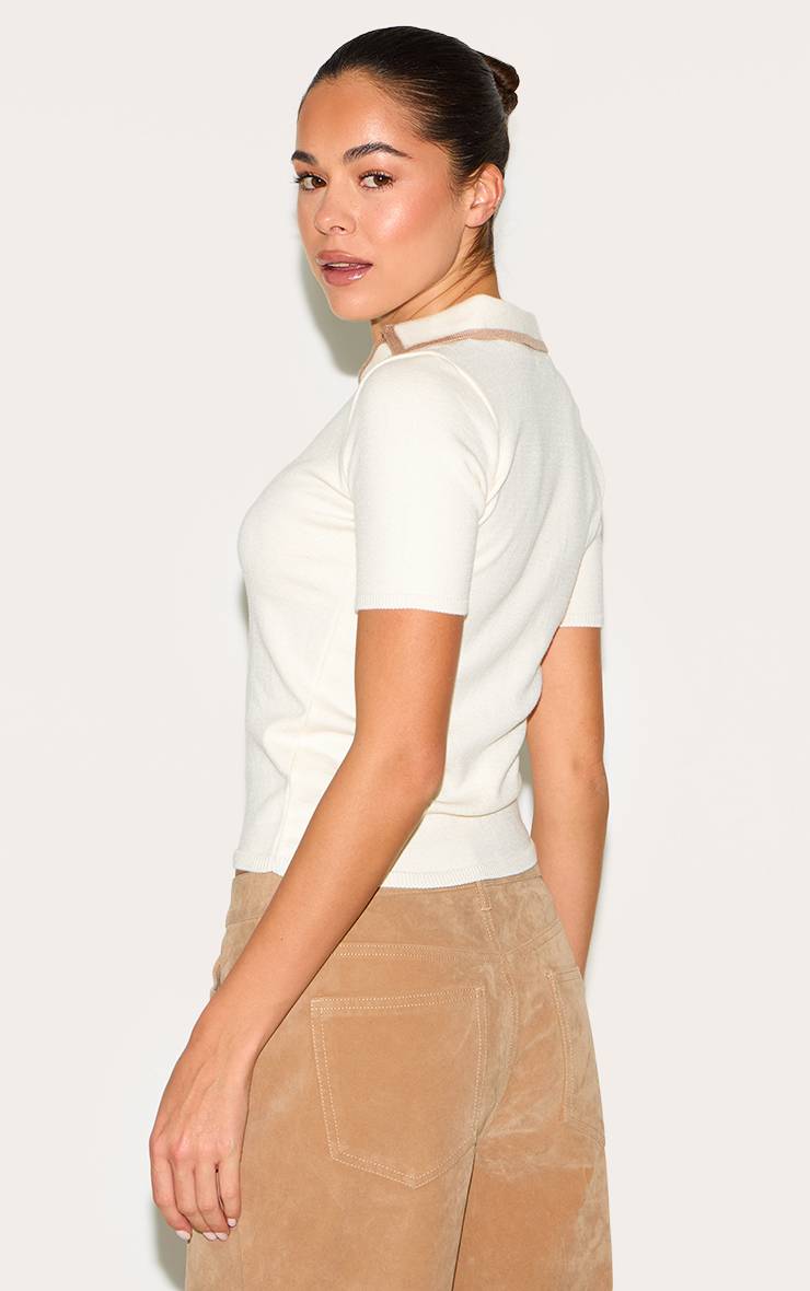 Crème Haut En Maille À Col Polo Contrasté