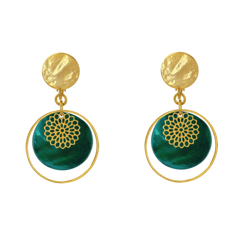 Boucles d'Oreilles Clip Métal Doré Cercle et Pastille de Nacre