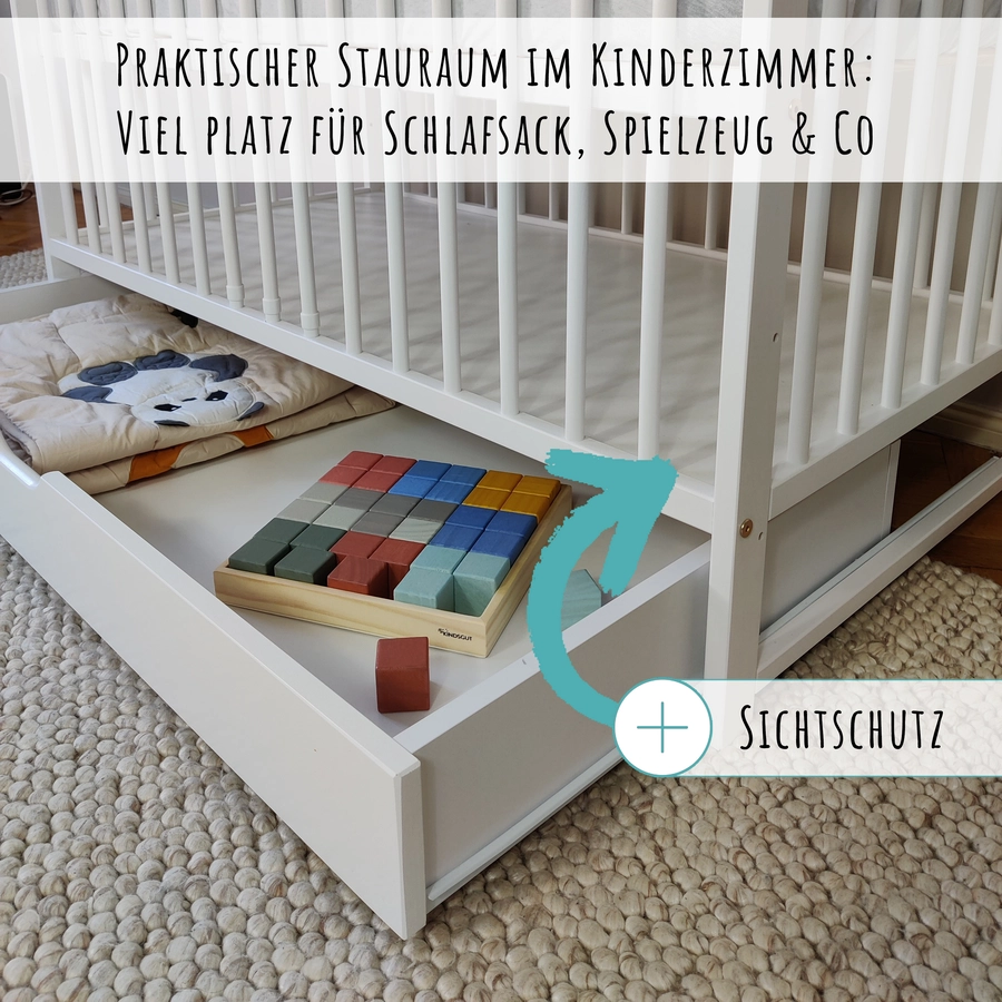 Kids Collective Babybett Gitterbett 60x120 höhenverstellbar & herausnehmbare Sprossen weiß mit Schubl. und Matratze