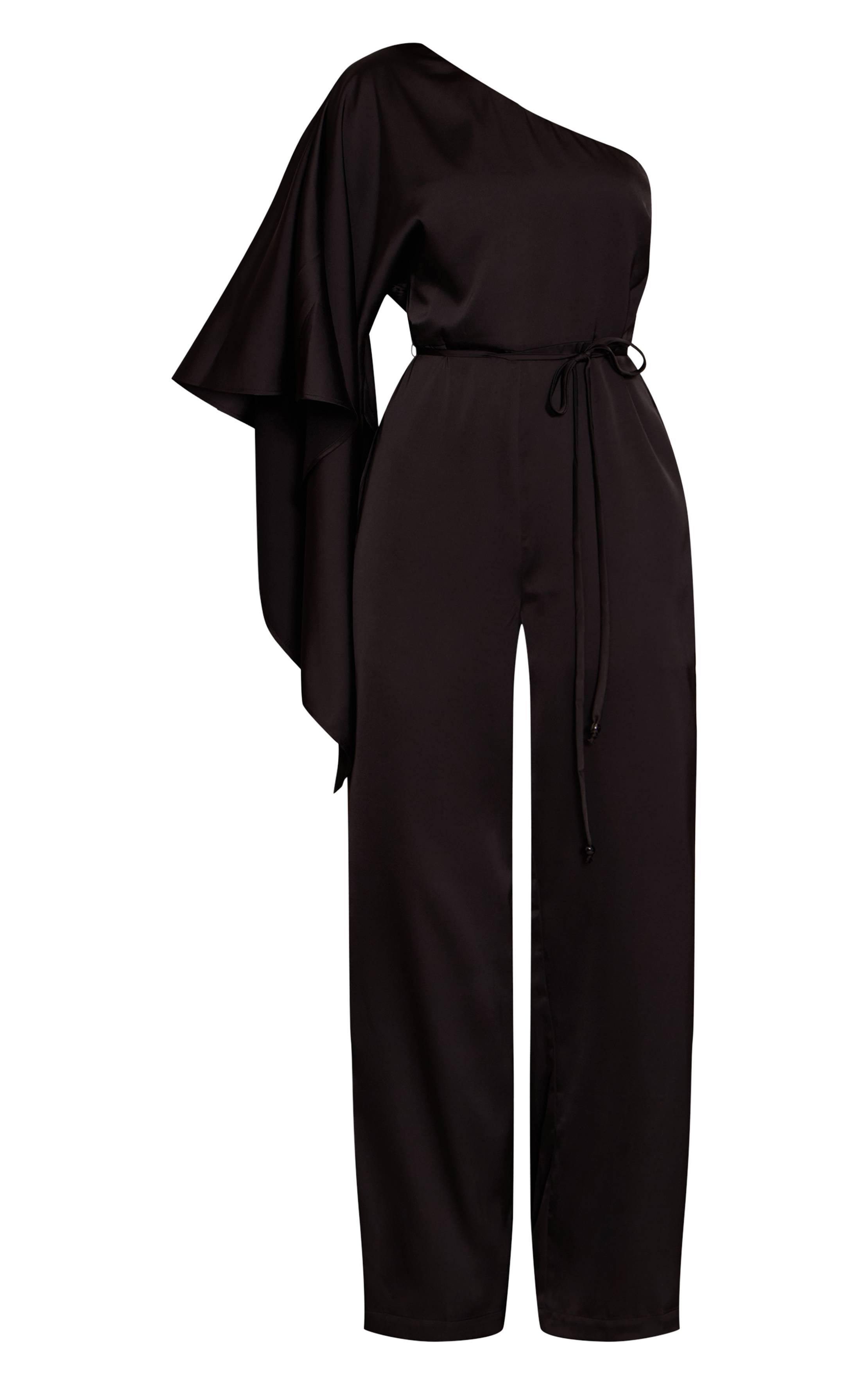 Noir Combinaison Satinée Fluide Asymétrique À Une Épaule Avec Ceinture Nouée