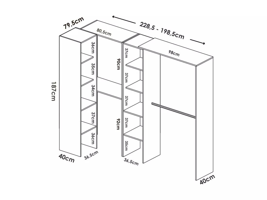 Armoire Dmagrin, Structure pour dressing d'angle, Cintre d'angle ouvert, 228x79h187 cm, Blanc