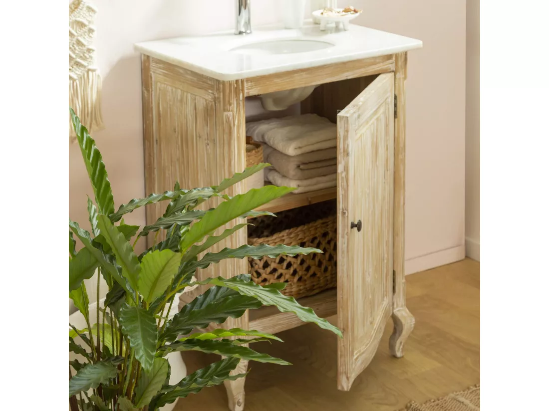 Meuble sous vasque en pin recyclé blanchi et marbre blanc Gemma