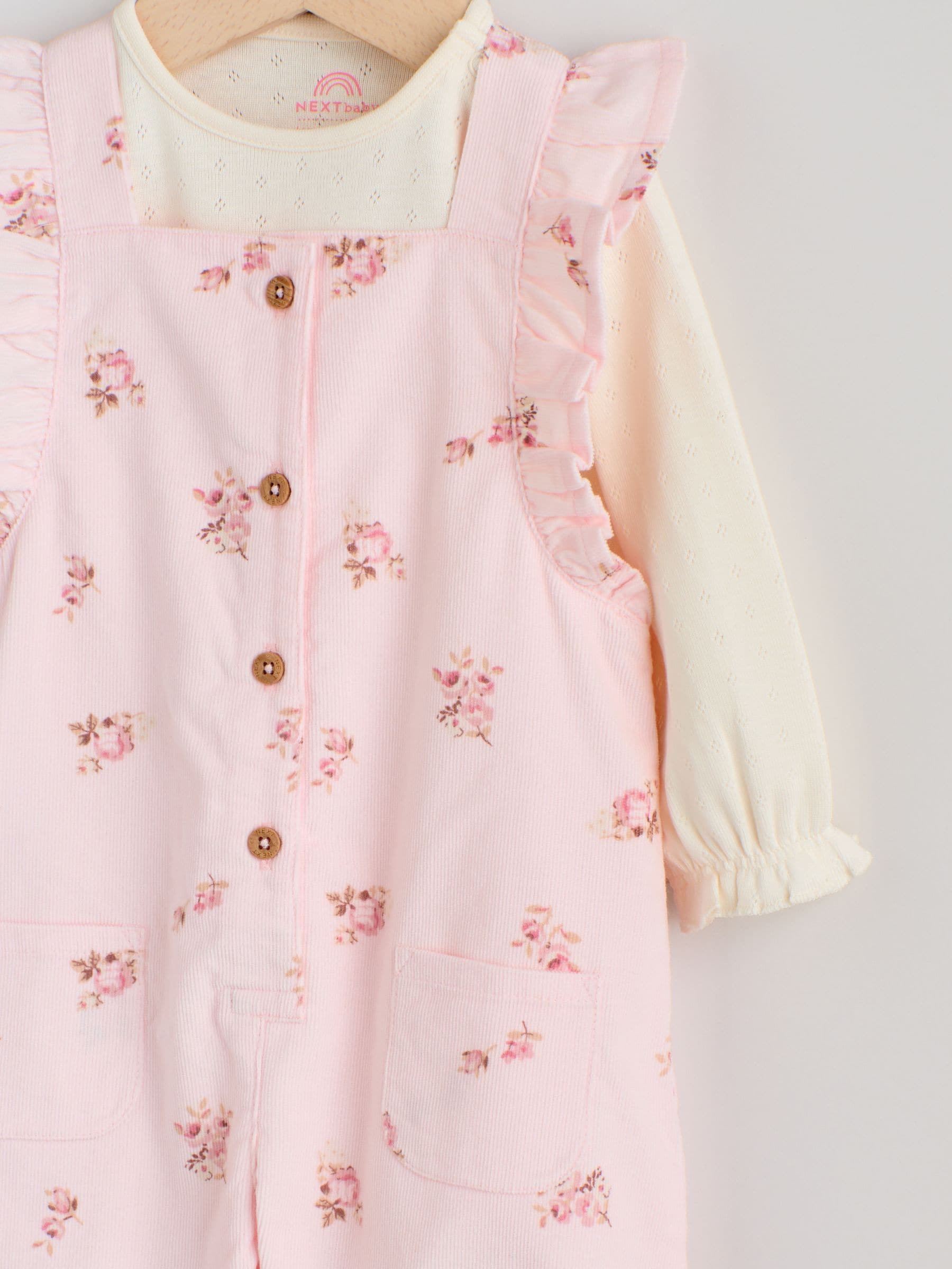 Lichtroze met fijne print - Baby Print Bodysuit met Lange mouwen en Corduroy bretelbroeken Set 2 Pieces (0mnd -2jr)