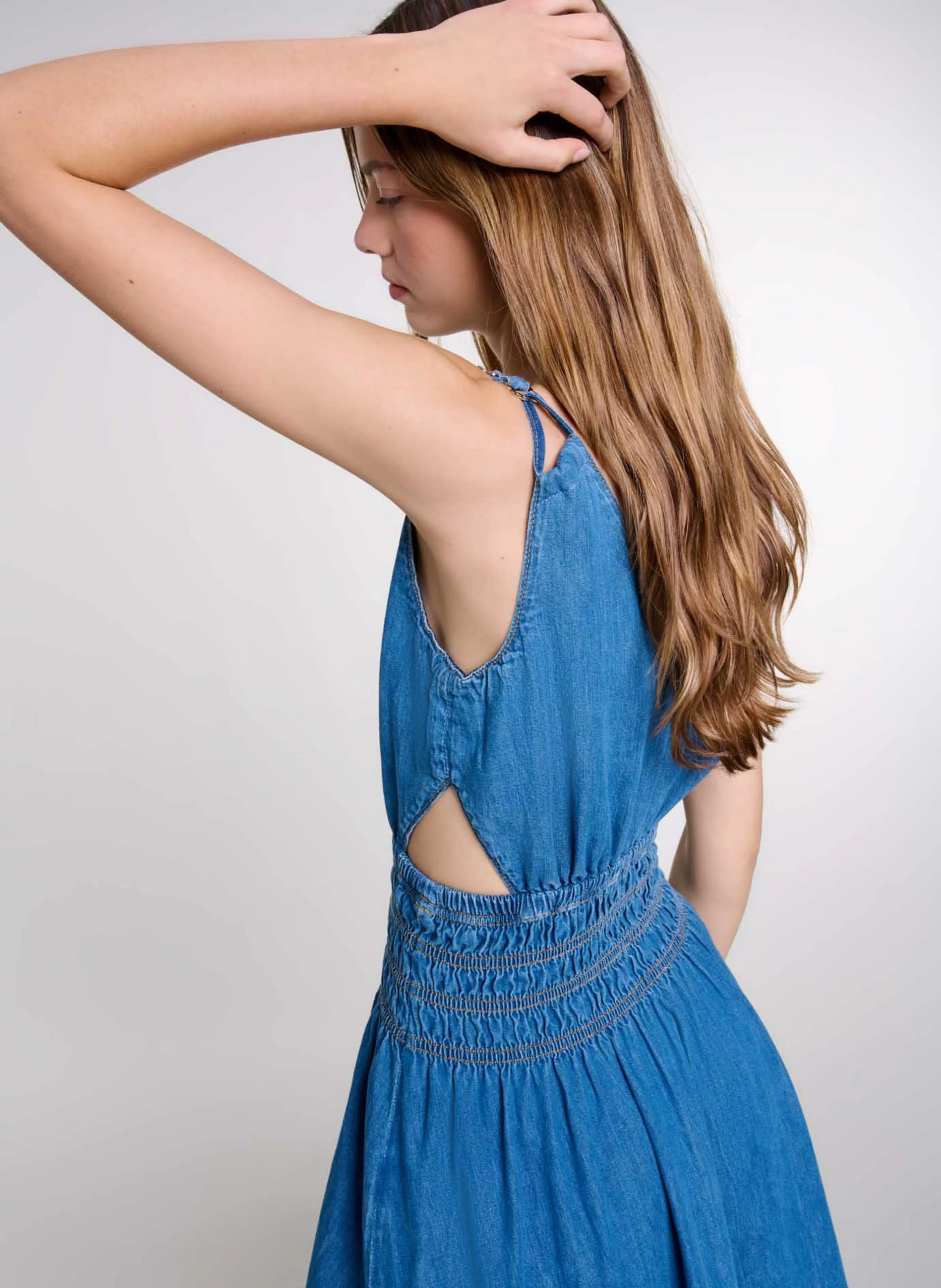 Robe longue ajourée en denim | Bleu